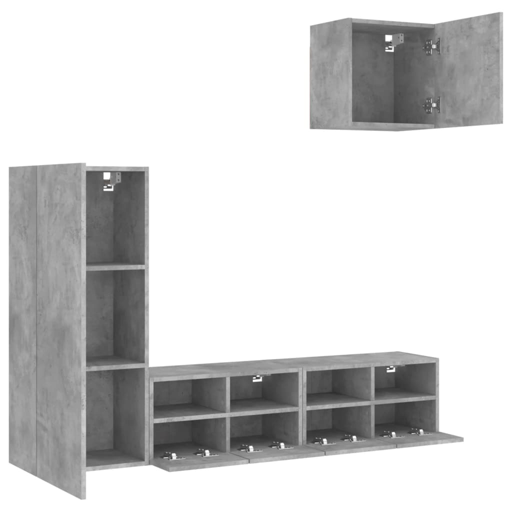 vidaXL ТВ стенни модули, 4 части, бетонно сиви, инженерно дърво