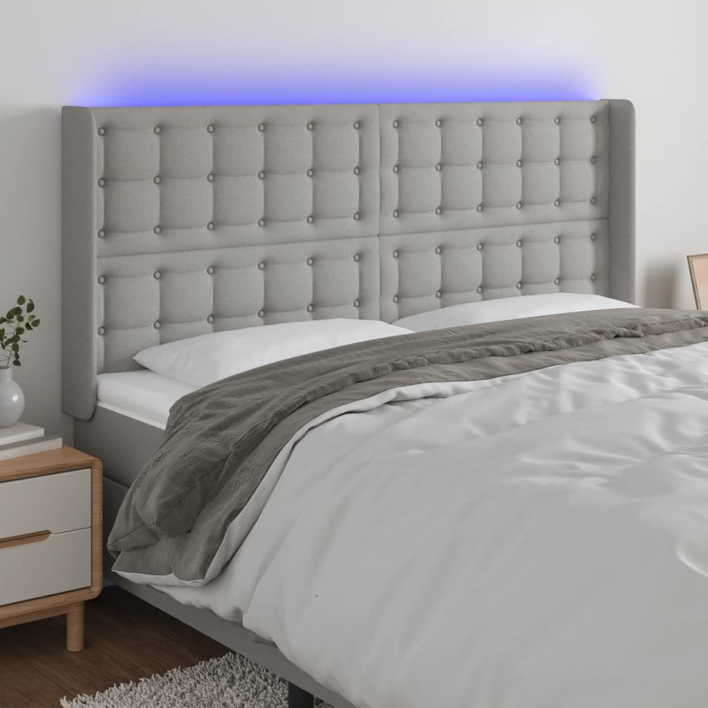 vidaXL LED горна табла за легло, светлосива, 203x16x118/128 см, плат