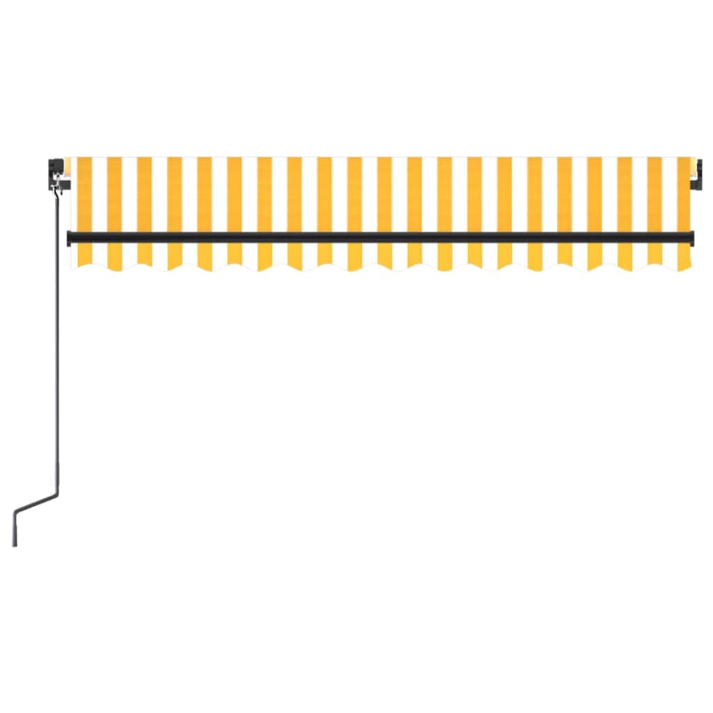 vidaXL Ръчно прибиращ се сенник с LED, 350x250 см, жълто и бяло