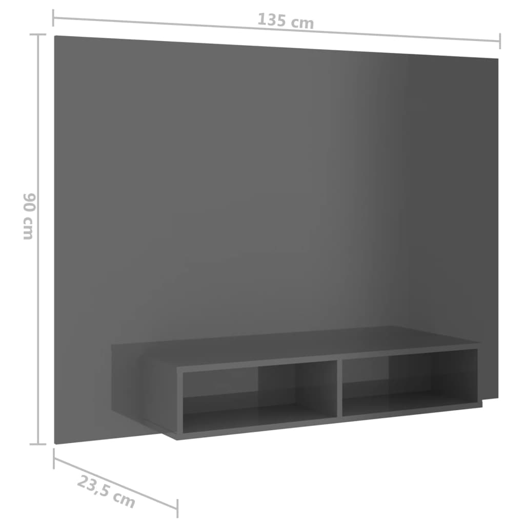 vidaXL Стенен ТВ шкаф, сив гланц, 135x23,5x90 см, ПДЧ