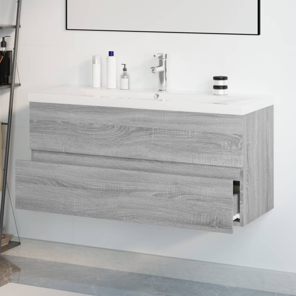 vidaXL Шкаф за мивка с вградена мивка, сив сонома, инженерно дърво