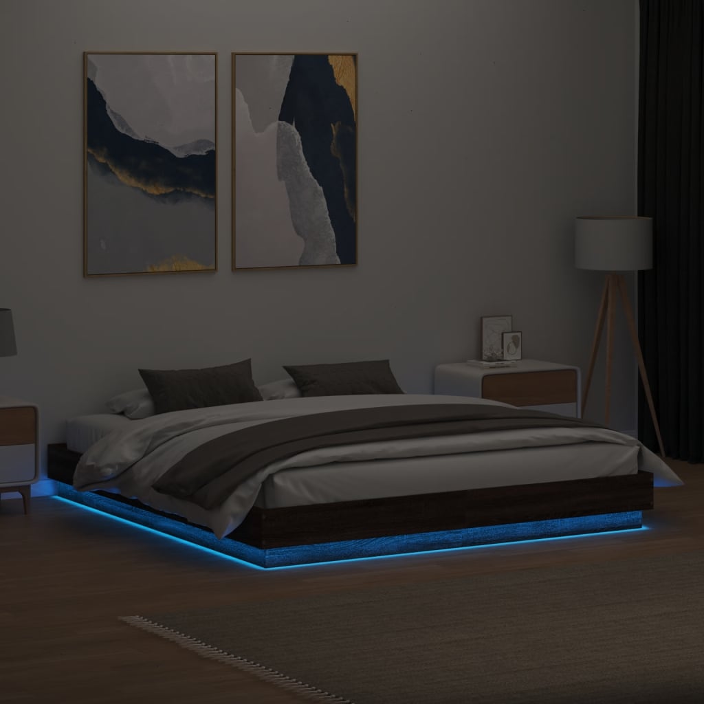 vidaXL Рамка за легло с LED осветление, кафяв дъб, 180x200 см