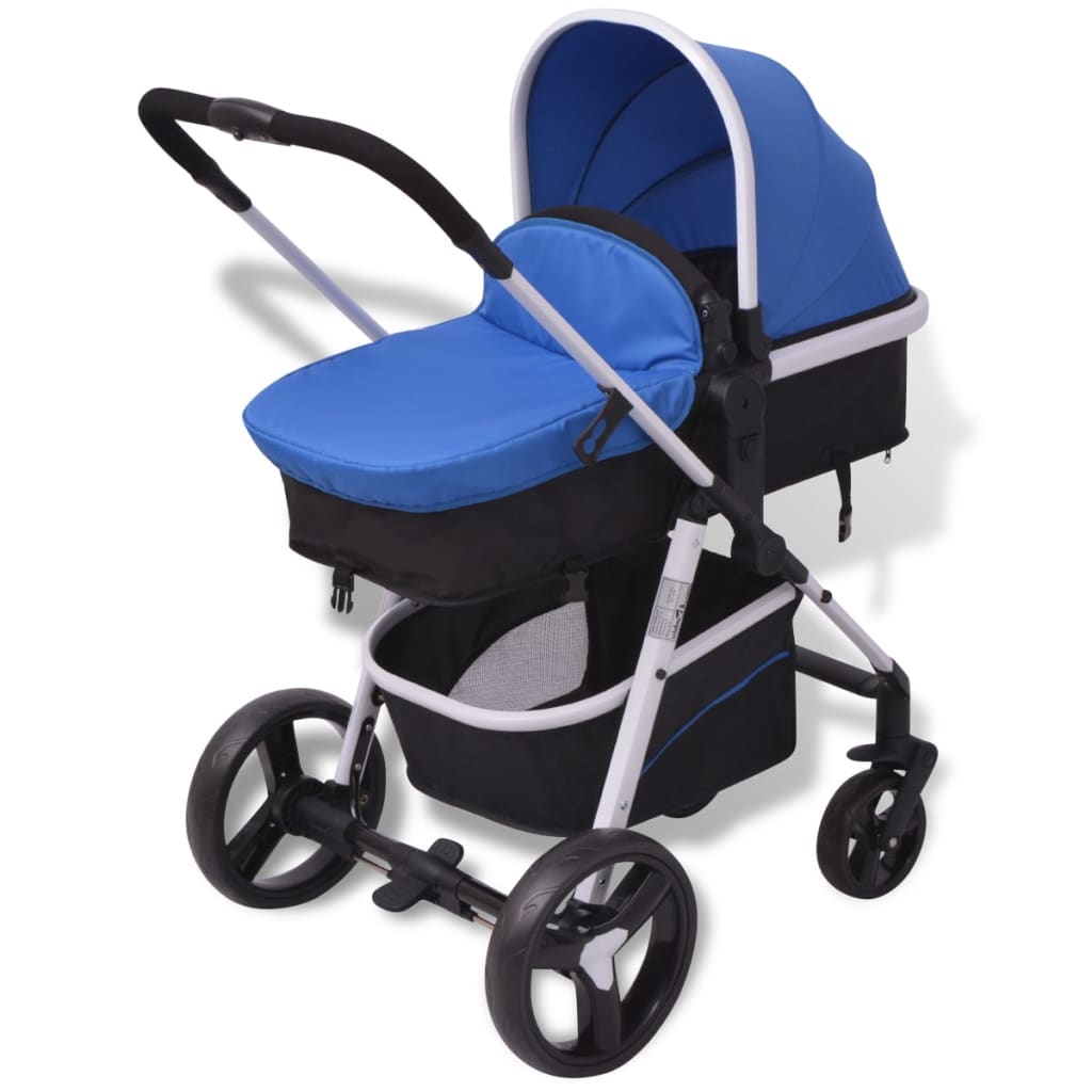 vidaXL Бебешка количка 3-в-1, алуминиева, синьо и черно
