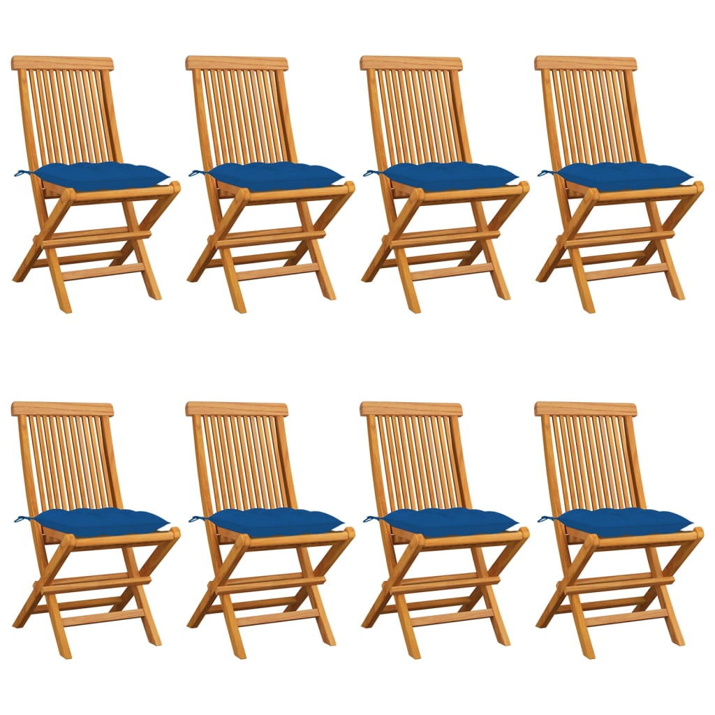 vidaXL Градински столове със сини възглавници 8 бр тик масив