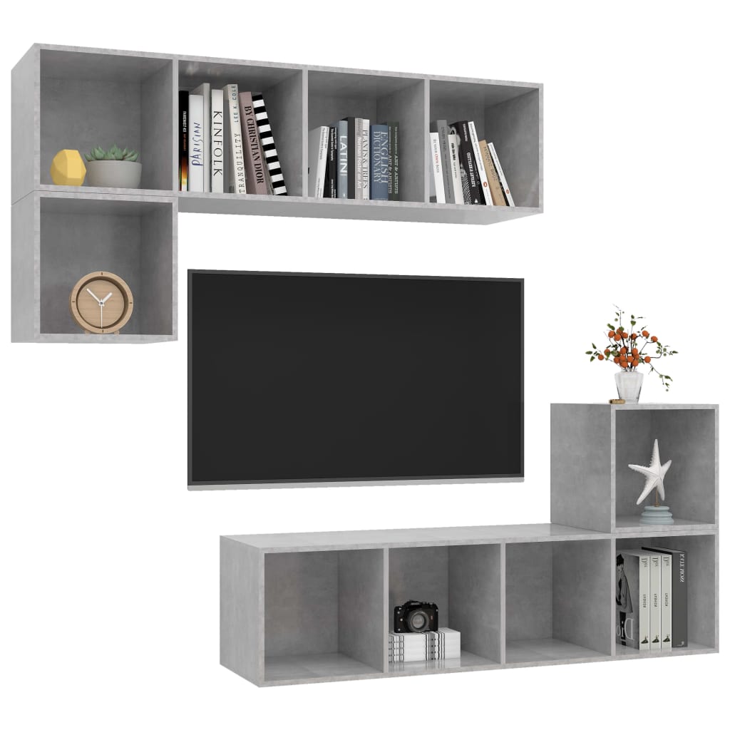 vidaXL Комплект ТВ шкафове от 4 части, бетонно сив, ПДЧ