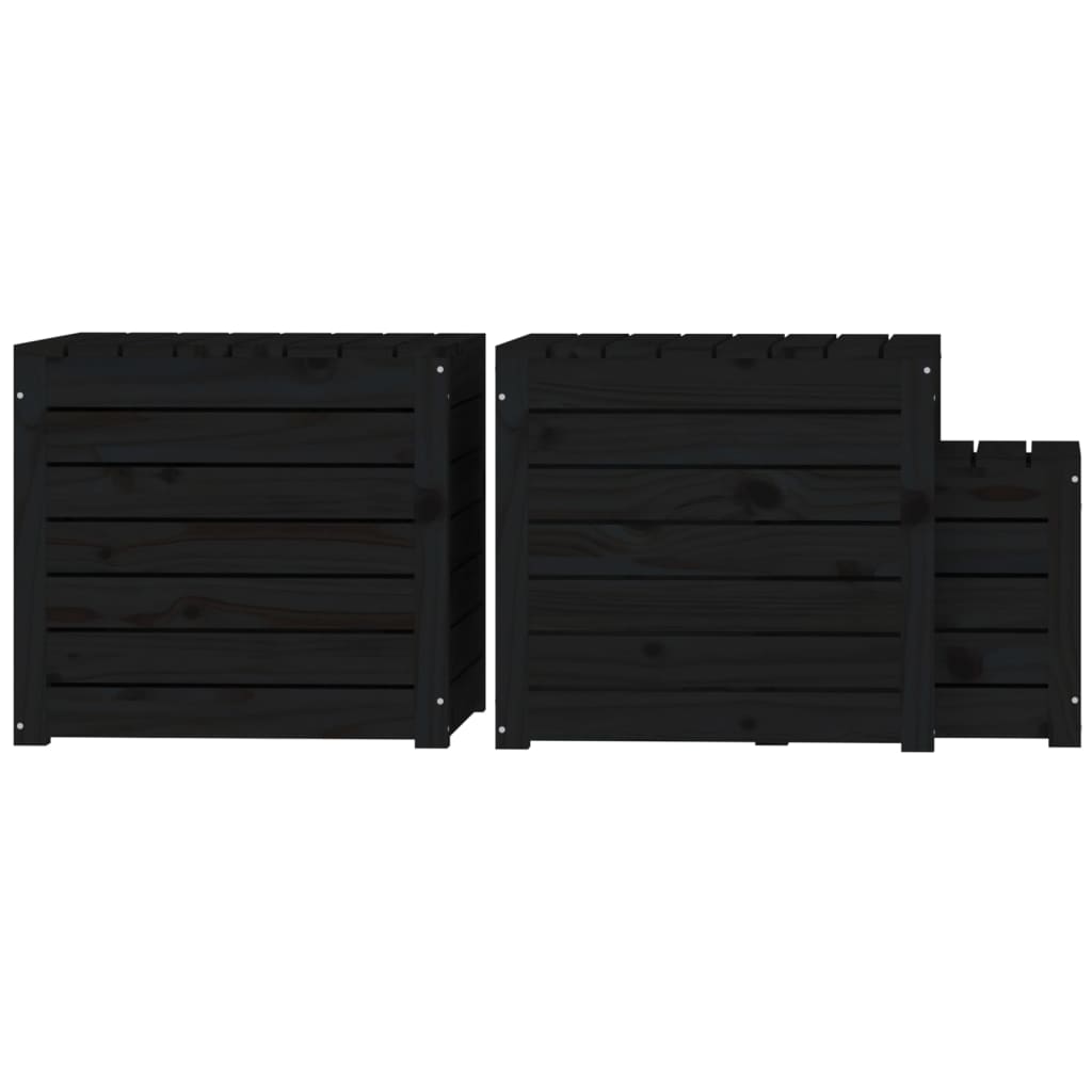 vidaXL Комплект градински кутии от 3 части, черно, масивно дърво бор