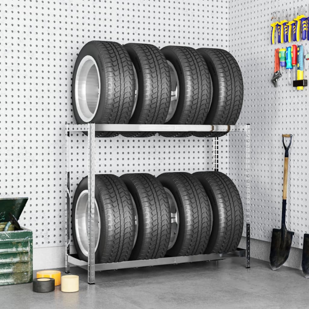 vidaXL Стелаж за гуми с 2 рафта, сребрист, 110x40x110 см, стомана