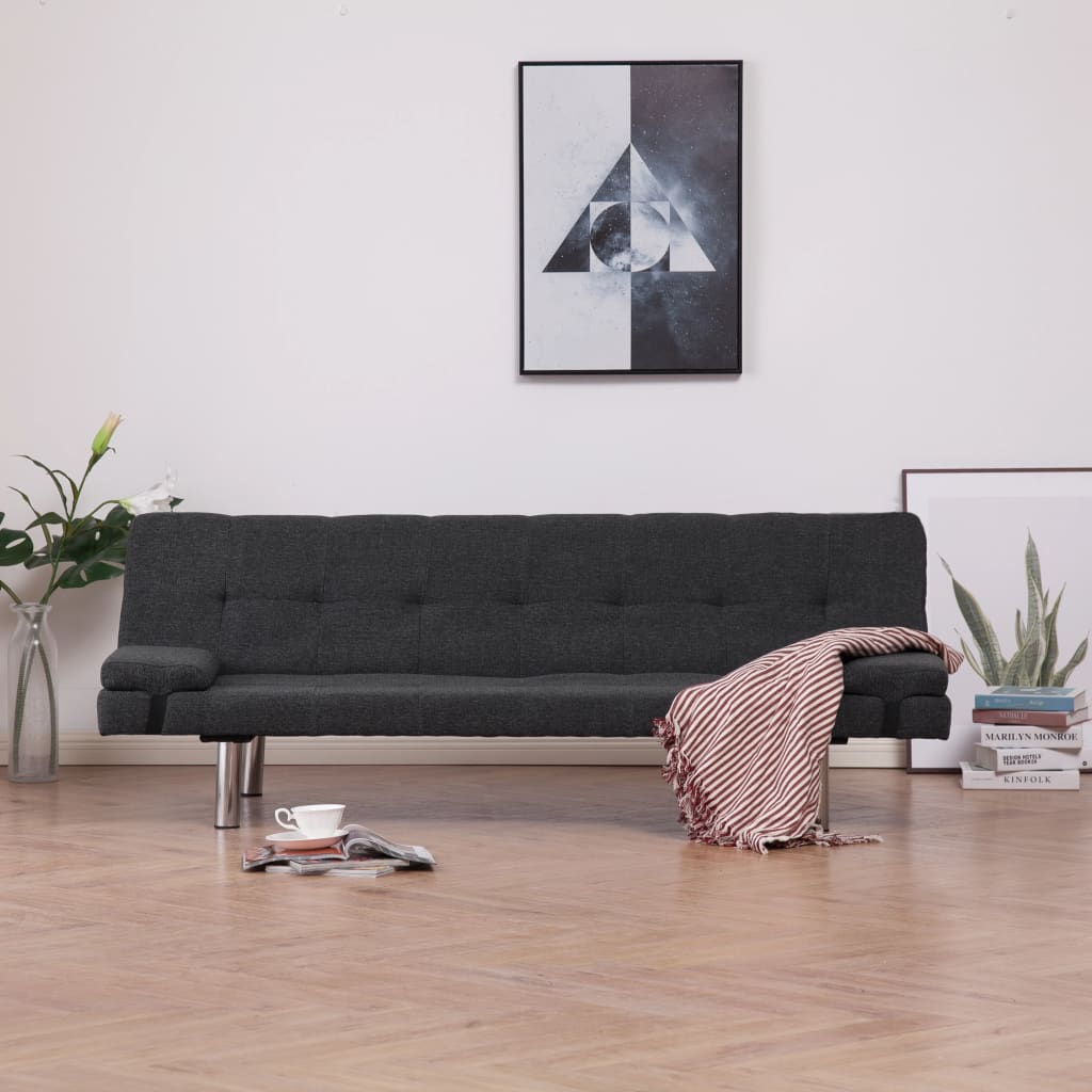 vidaXL Разтегателен диван с две възглавници, тъмносив, полиестер