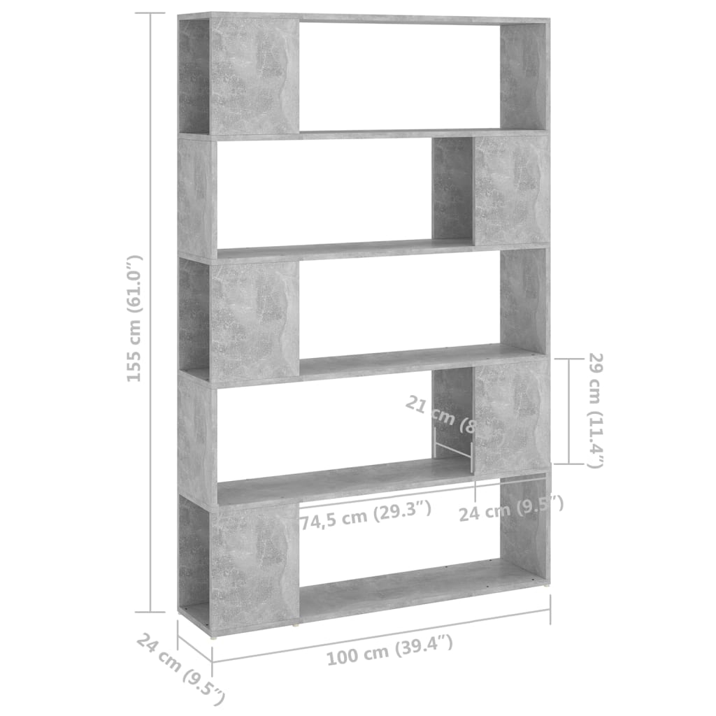 vidaXL Библиотека/разделител за стая, бетонно сива, 100x24x155 см ПДЧ