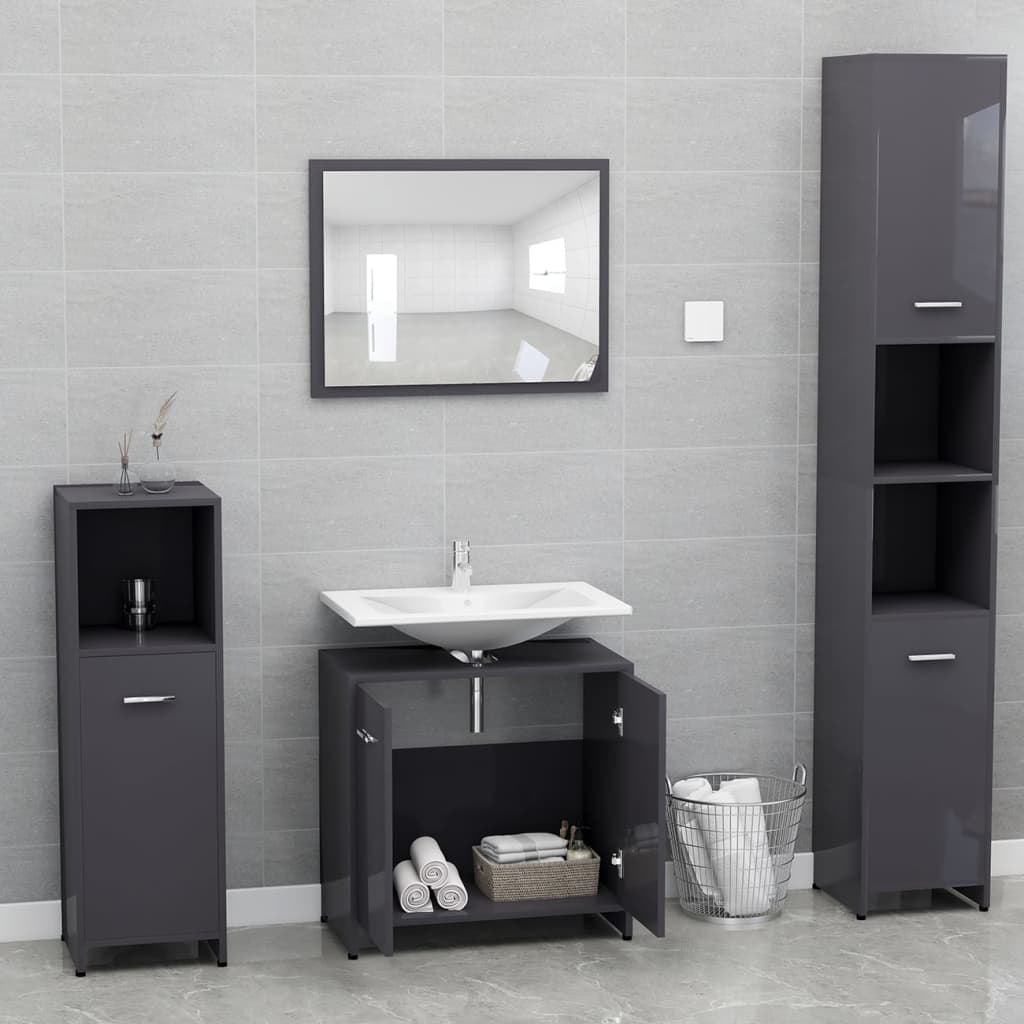 vidaXL Комплект мебели за баня, сив гланц, инженерно дърво