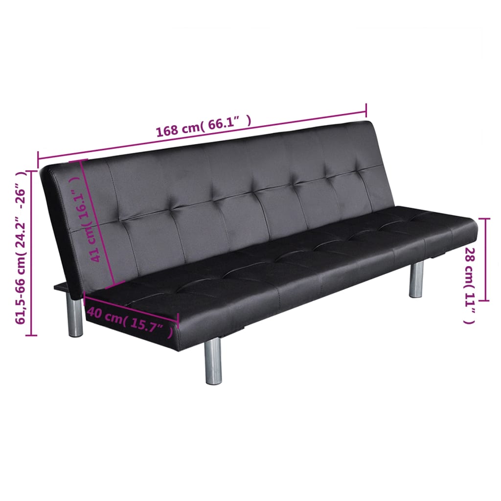 vidaXL Разтегателен диван с две възглавници, изкуствена кожа, черен
