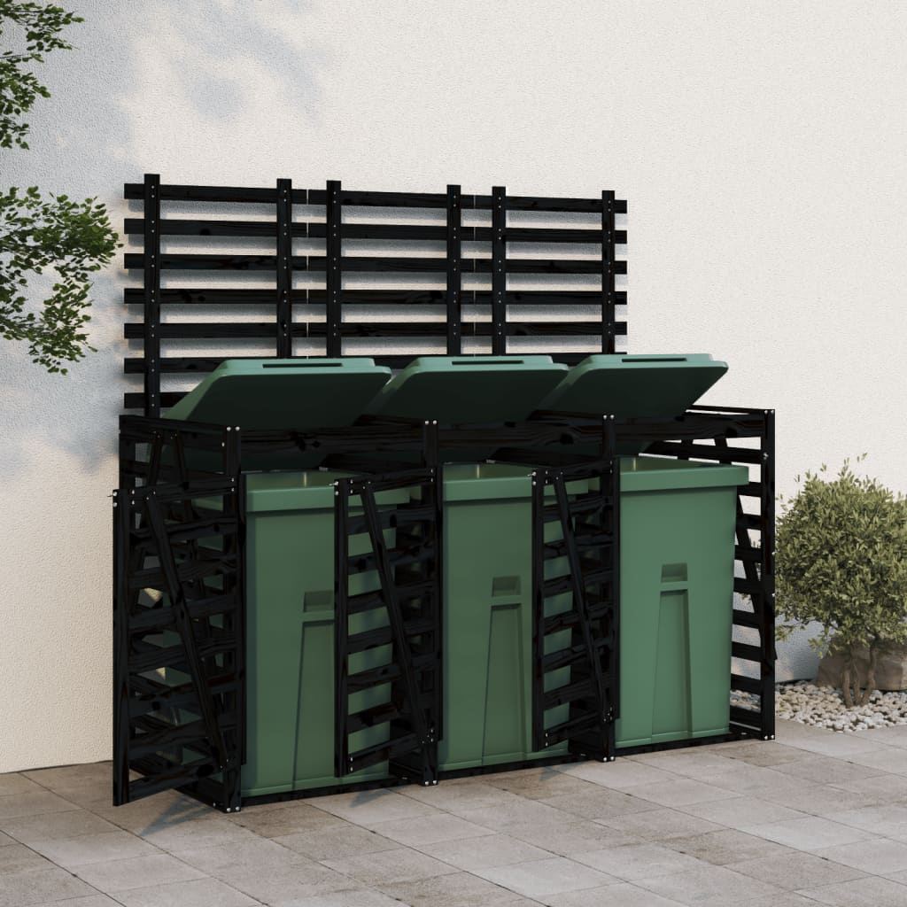 vidaXL Троен навес за съхранение на кофи за боклук, черен, бор масив