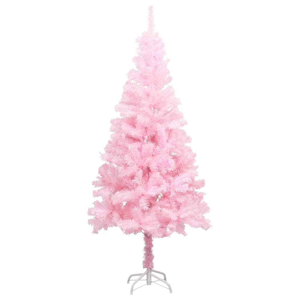 vidaXL Изкуствена осветена коледна елха със стойка розова 150 см PVC