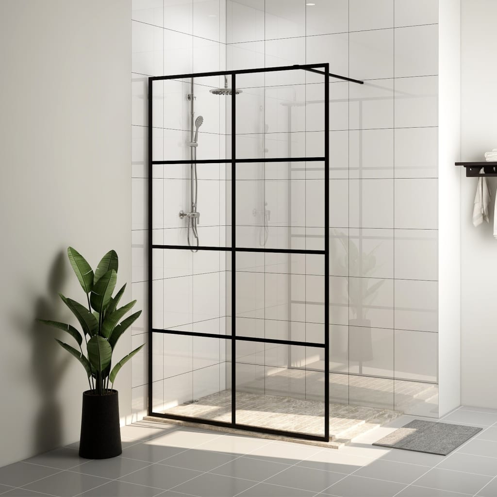 vidaXL Стена за душ с прозрачно ESG стъкло, 115x195 см, черна