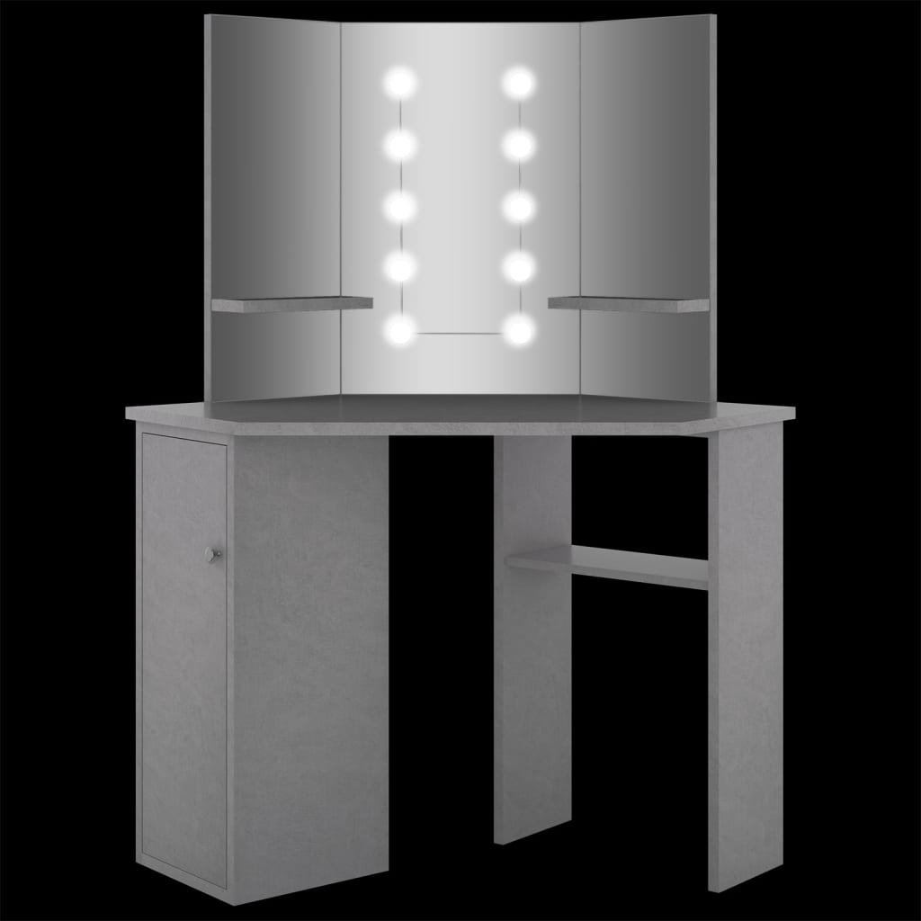 vidaXL Ъглова тоалетка с LED, бетонно сива, 111x54x141,5 см