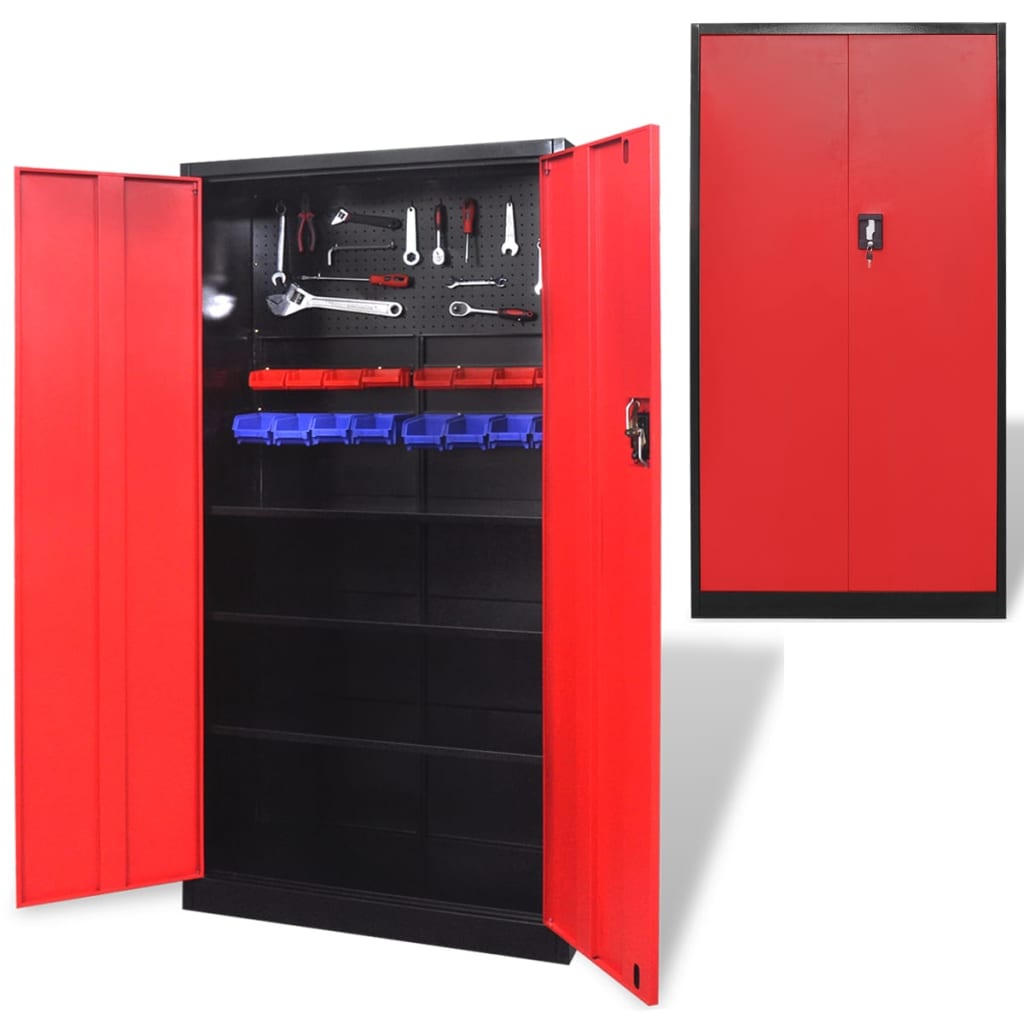 Метален шкаф за инструменти, 180 см, черно-червен