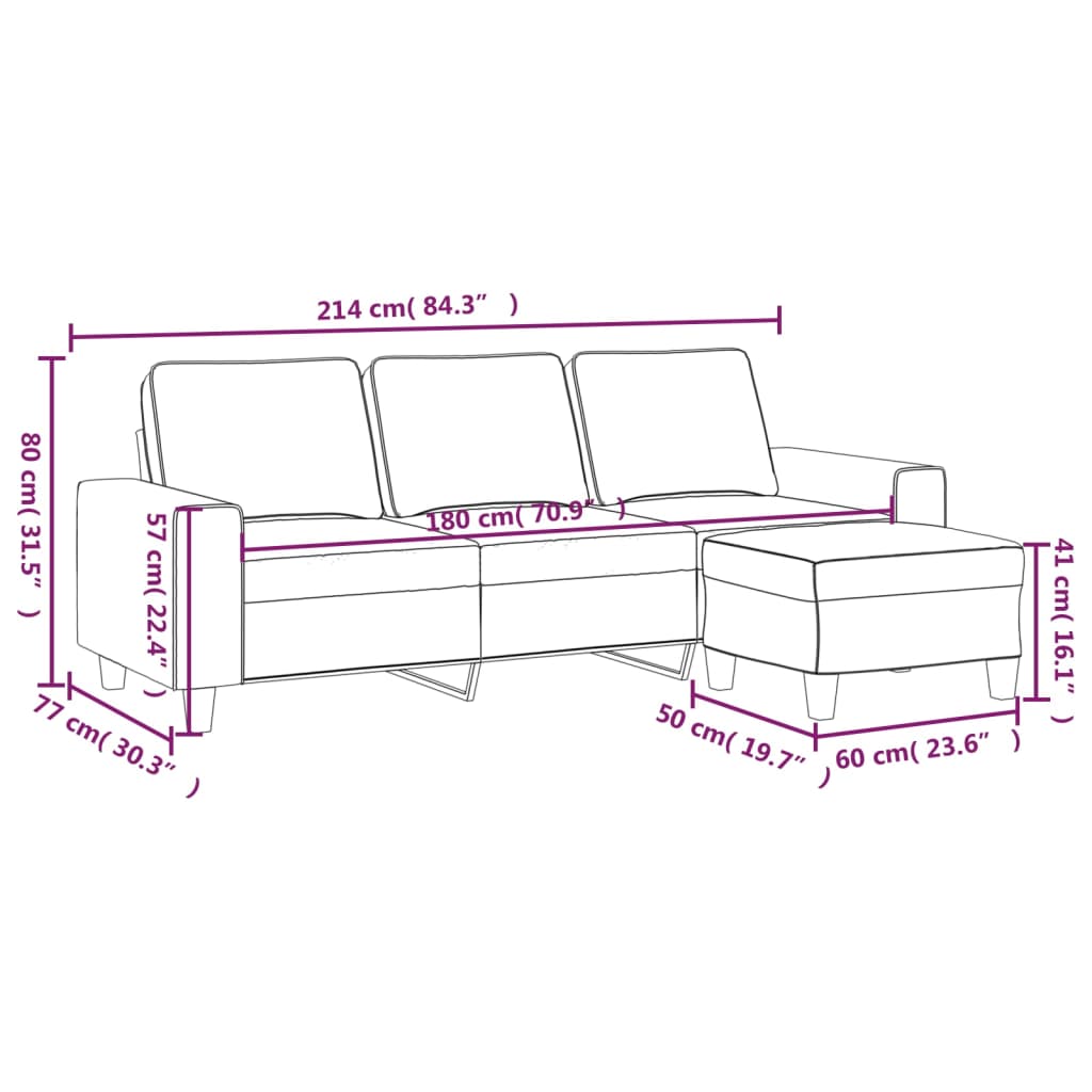 vidaXL 3-местен диван с табуретка светлосив 180 см микрофибърен плат