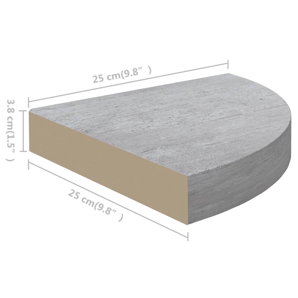 vidaXL Стенни ъглови рафтове, 2 бр, бетонно сиво, 25x25x3,8 см, МДФ