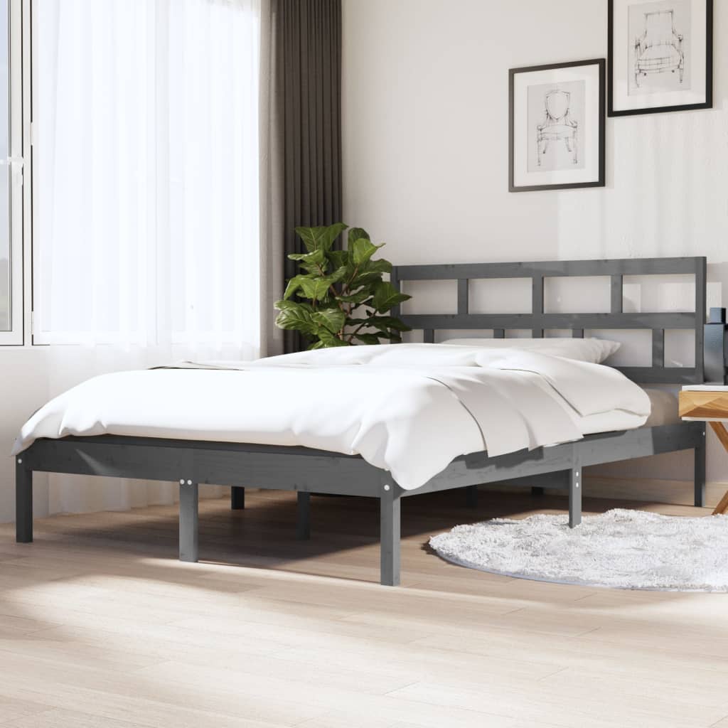 vidaXL Рамка за легло, сива, борово дърво масив, 140x190 см