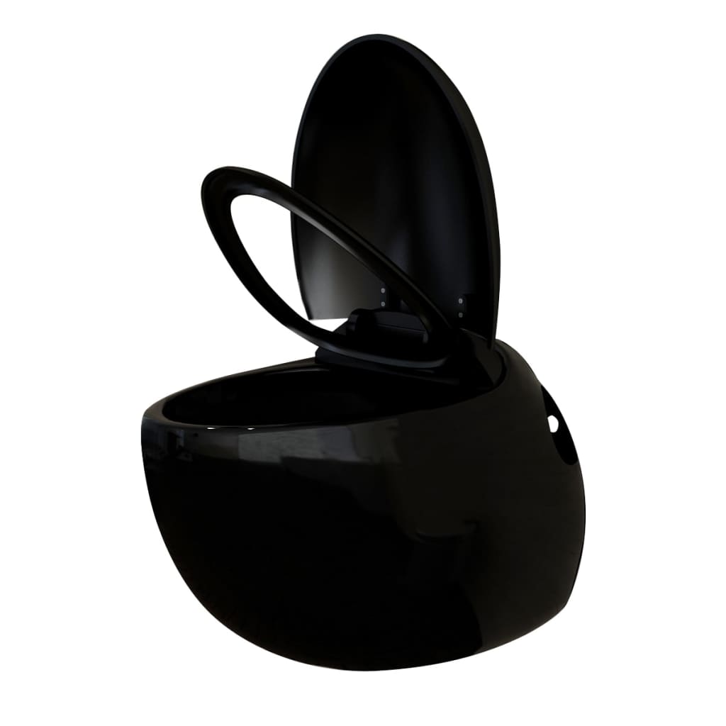 vidaXL Окачена яйцевидна тоалетна чиния, скрито казанче,черна керамика