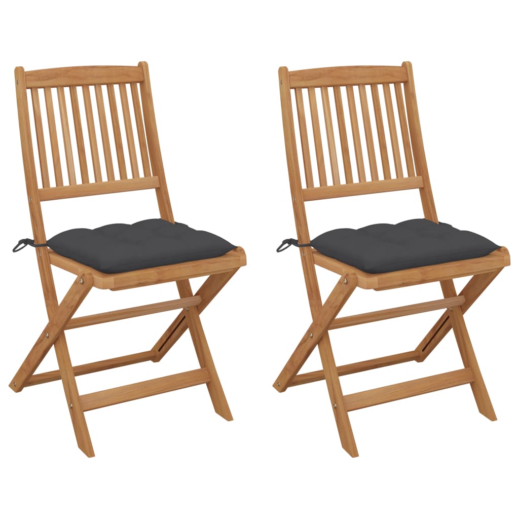 vidaXL Сгъваеми градински столове, 2 бр, с възглавници, акация масив