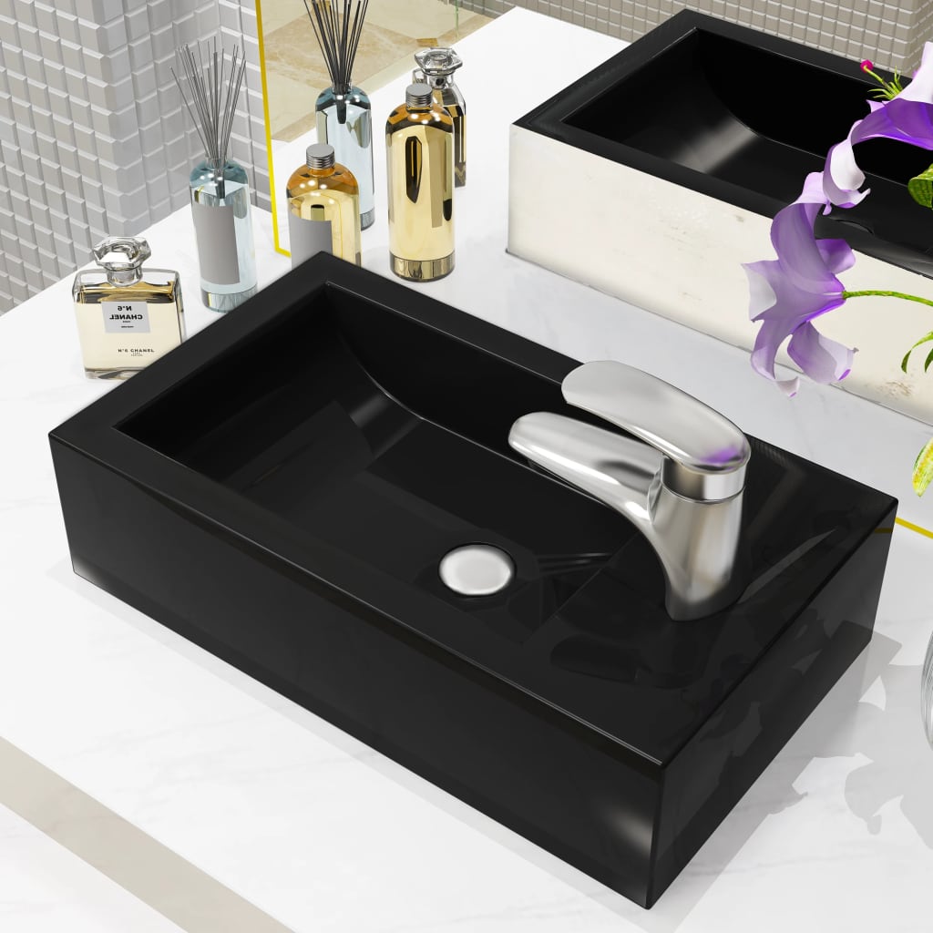 vidaXL Правоъгълна мивка с отвор за смесител, черна, 46x25,5x12 см