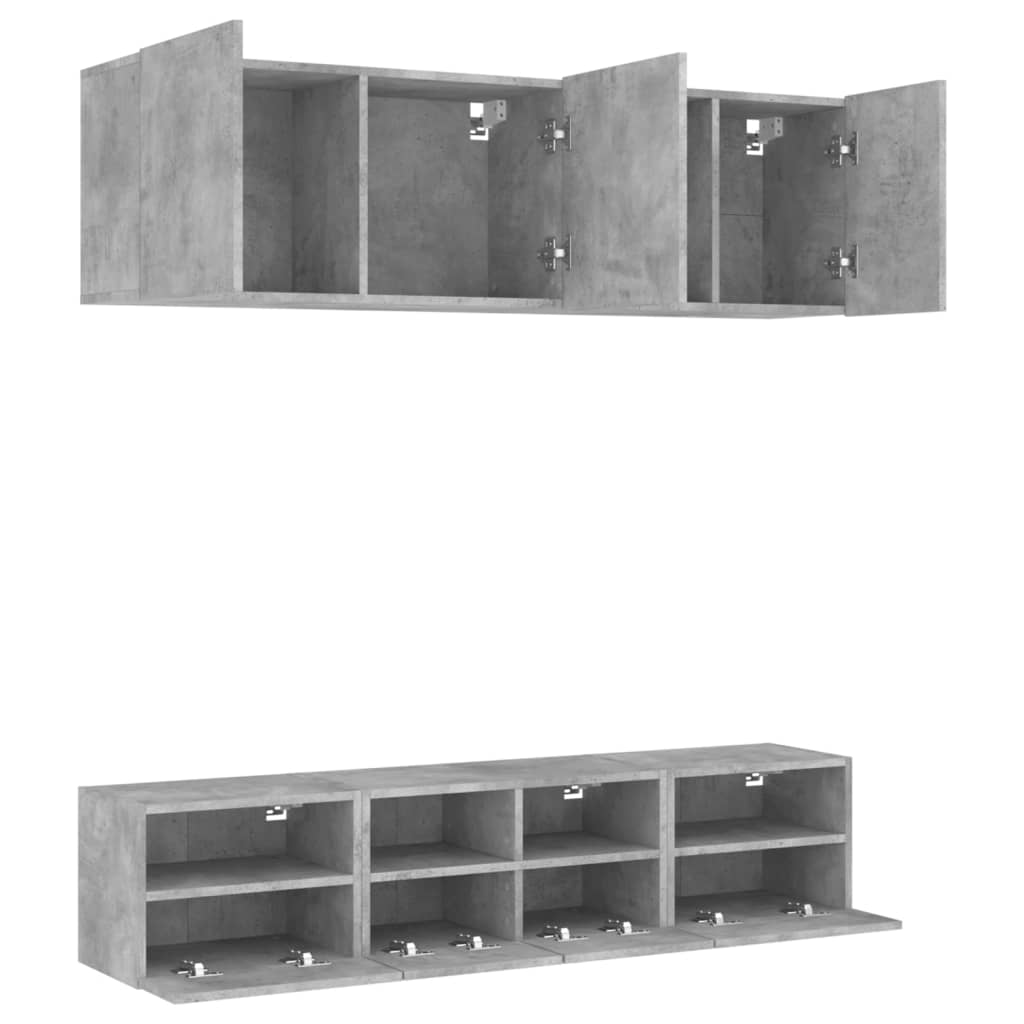 vidaXL ТВ стенни модули, 5 части, бетонно сиви, инженерно дърво