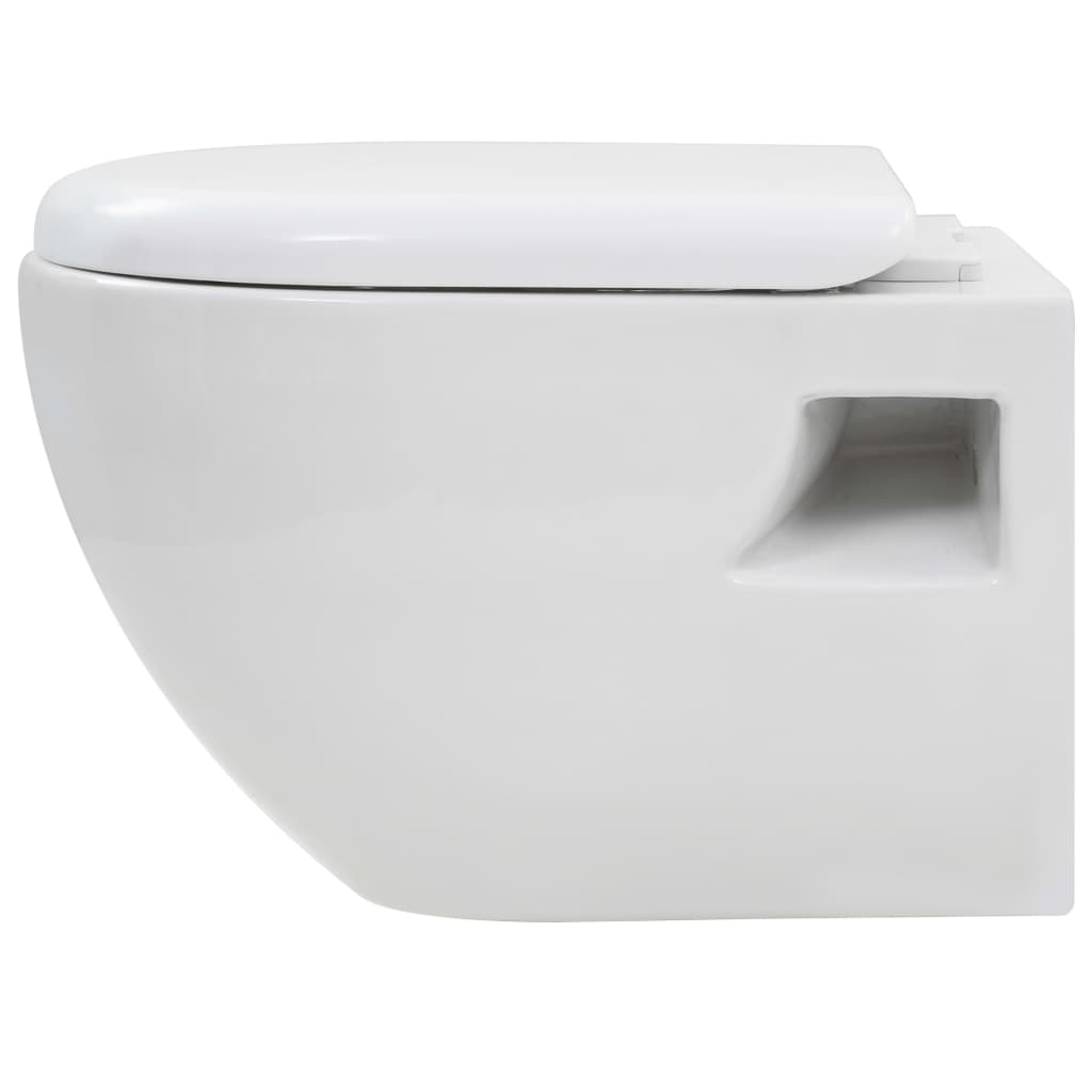 vidaXL Окачена тоалетна чиния, със скрито казанче, керамична, бяла