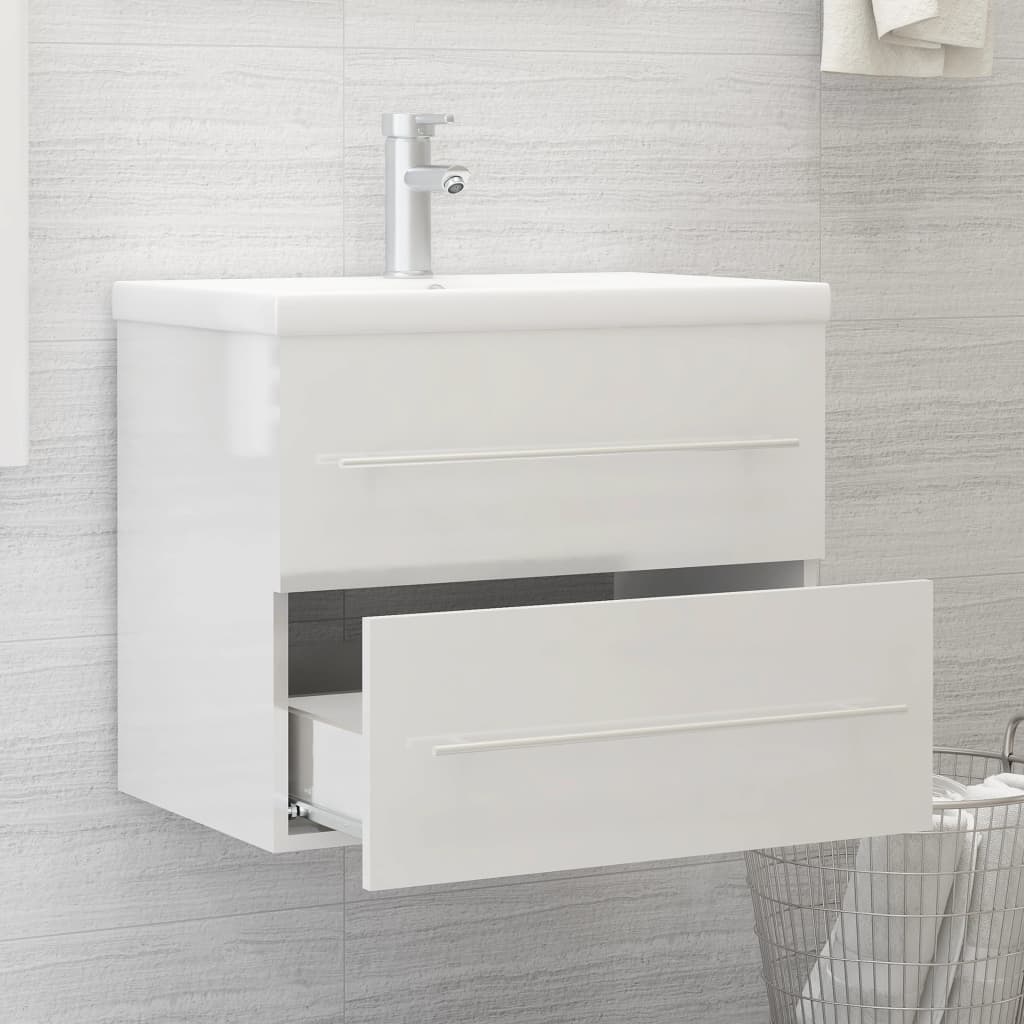 vidaXL Шкаф за мивка с вградена мивка, бял гланц, инженерно дърво