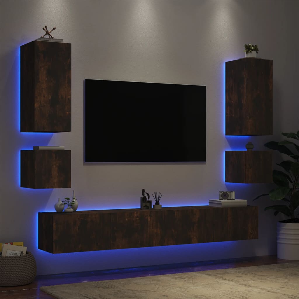 vidaXL ТВ стенни шкафове, 6 части, с LED светлини, опушен дъб