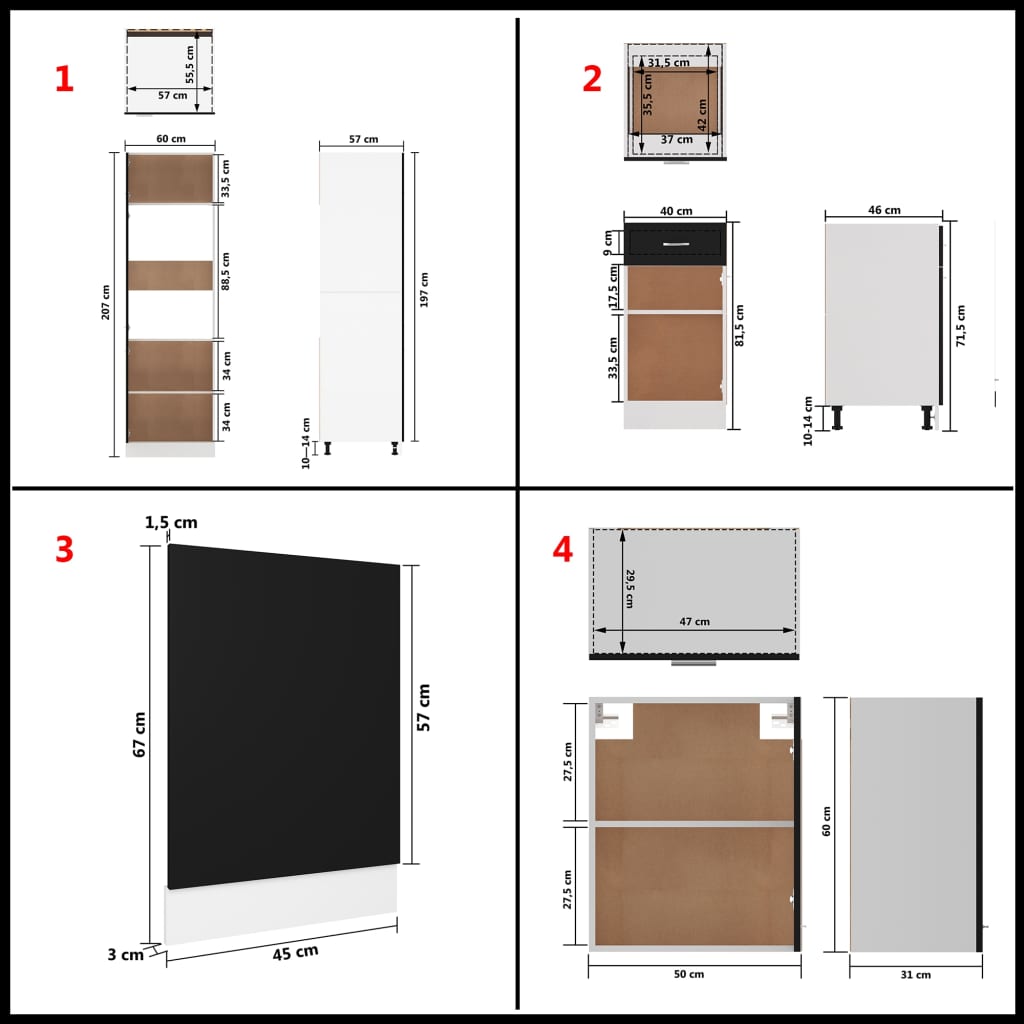 vidaXL Комплект кухненски шкафове от 7 части, черен, ПДЧ