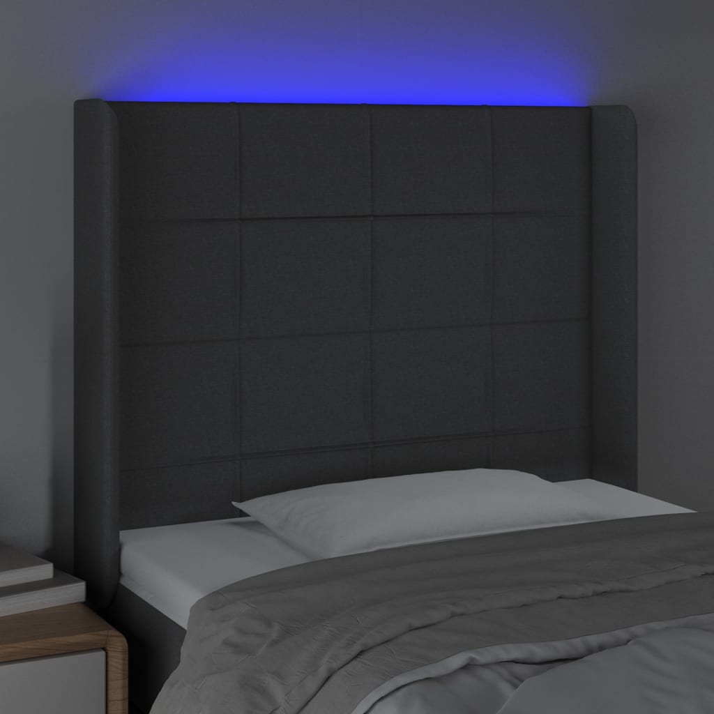 vidaXL LED горна табла за легло, тъмносива, 103x16x118/128 см, плат