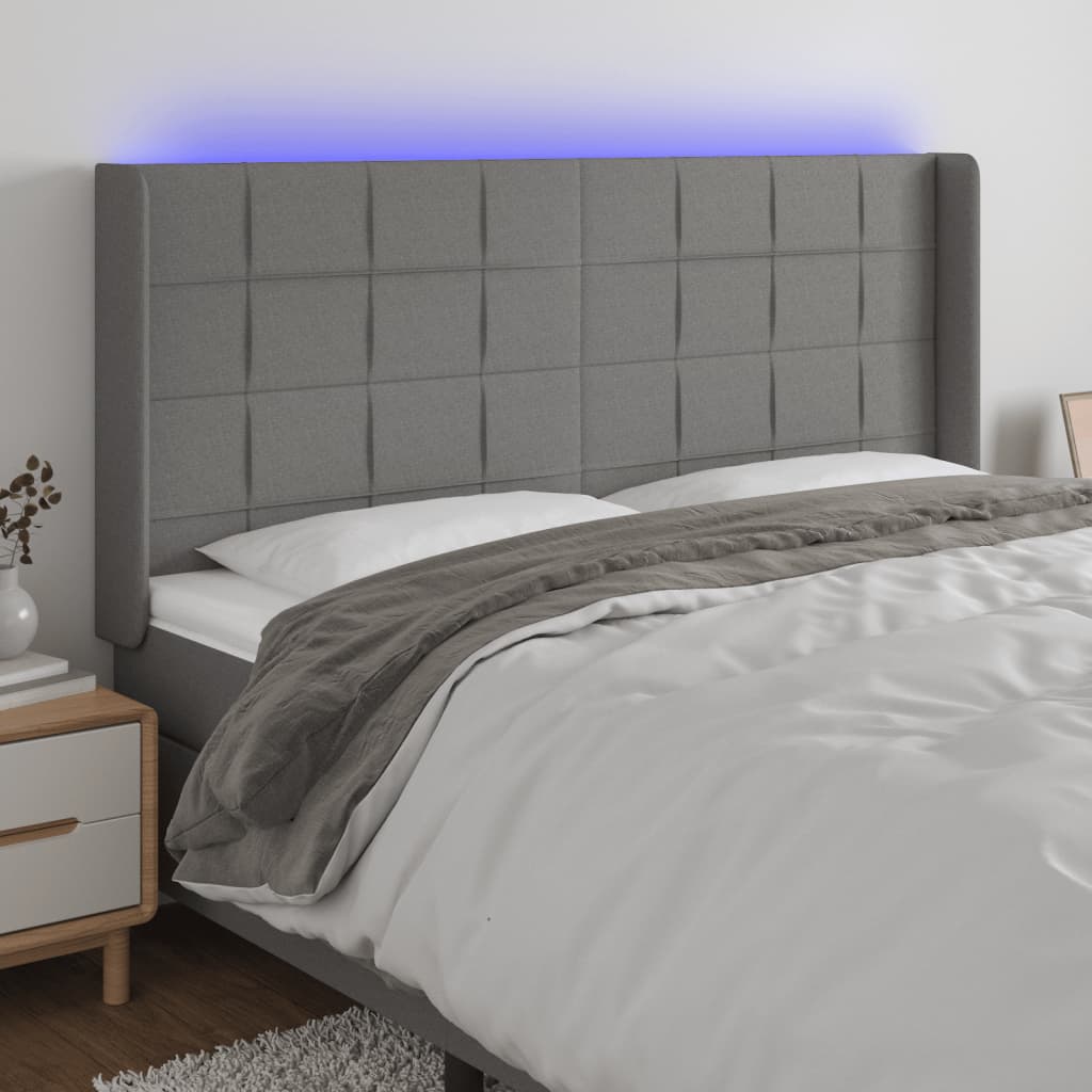 vidaXL LED горна табла за легло, тъмносива, 163x16x118/128 см, плат