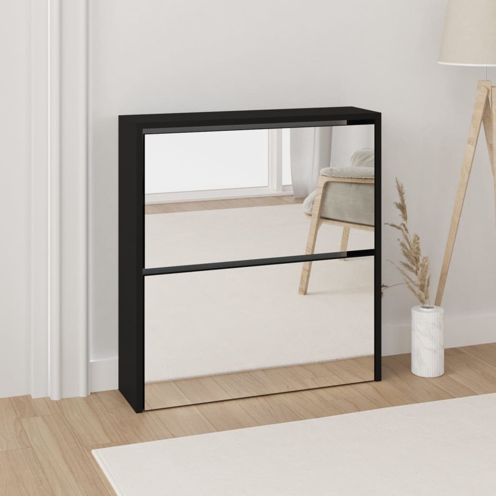 vidaXL Шкаф за обувки с огледало, 2 нива, черен, 63x17x67 см