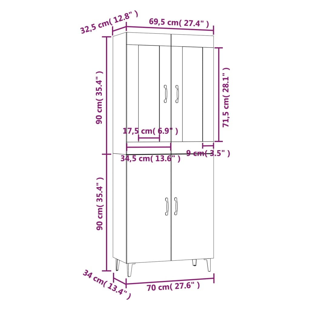 vidaXL Висок шкаф, Бетонно сиво, 70x34x180 см, инженерно дърво