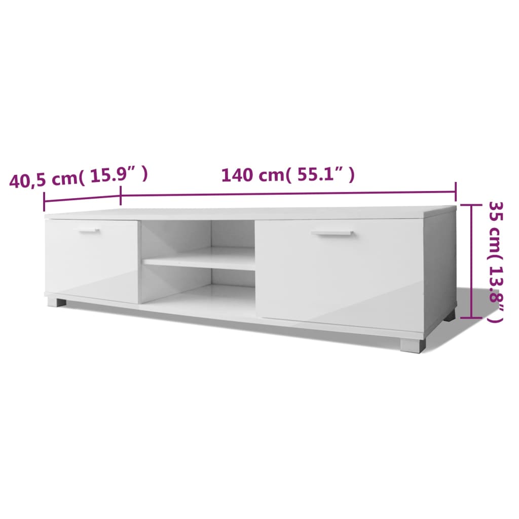 vidaXL ТВ шкаф, бял гланц, 140x40,5x35 см