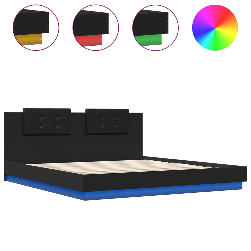vidaXL Рамка за легло с табла и LED осветление, черна, 180x200 см
