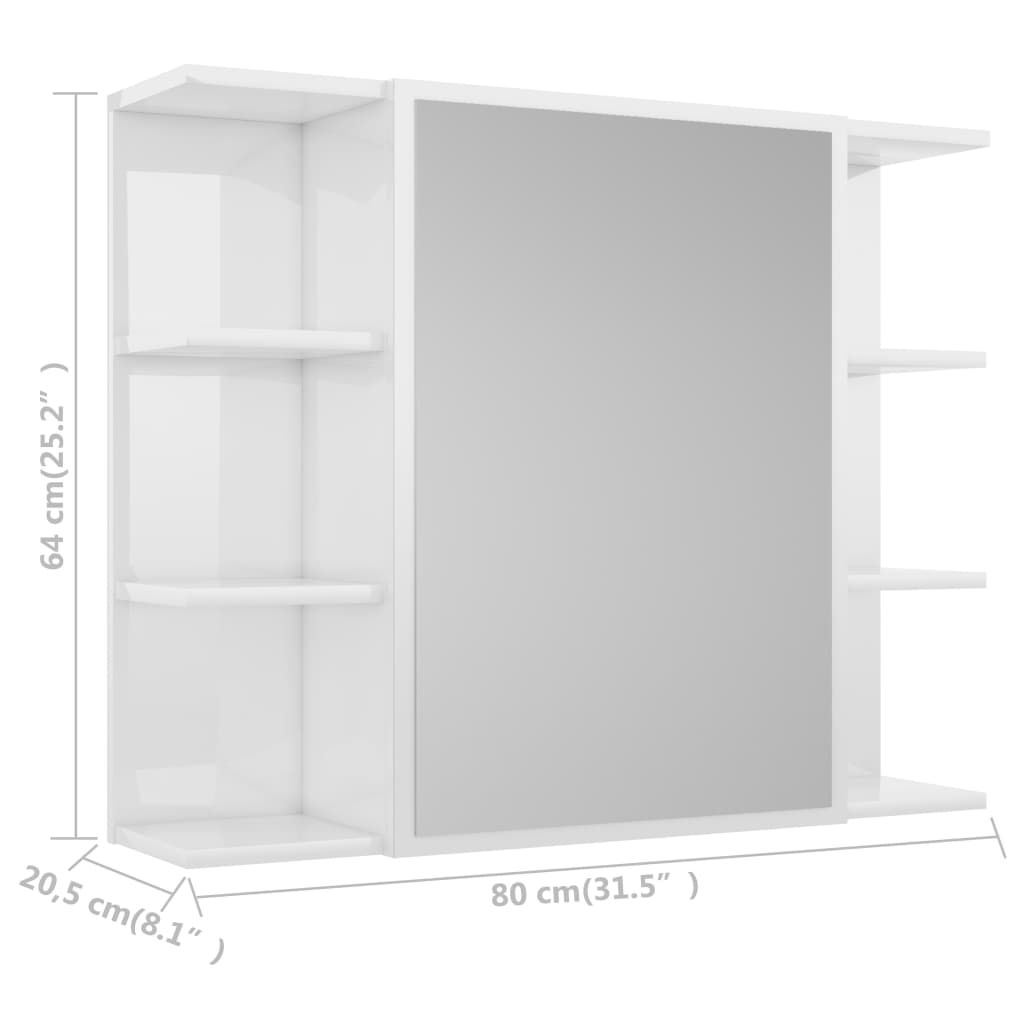 vidaXL Шкаф за баня с огледало, бял гланц, 80x20,5x64 см, ПДЧ