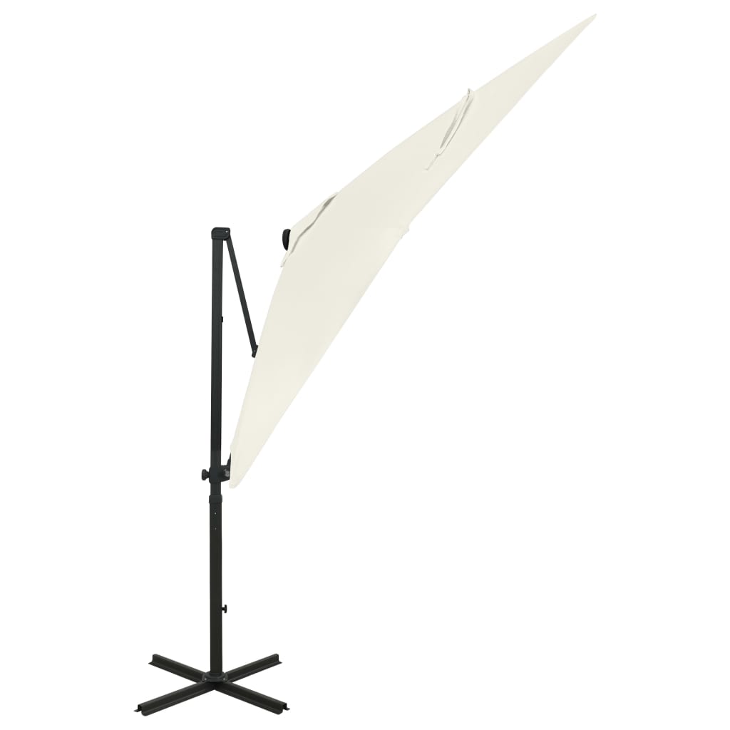 vidaXL Чадър с чупещо рамо, прът и LED лампи, пясъчен, 250 см