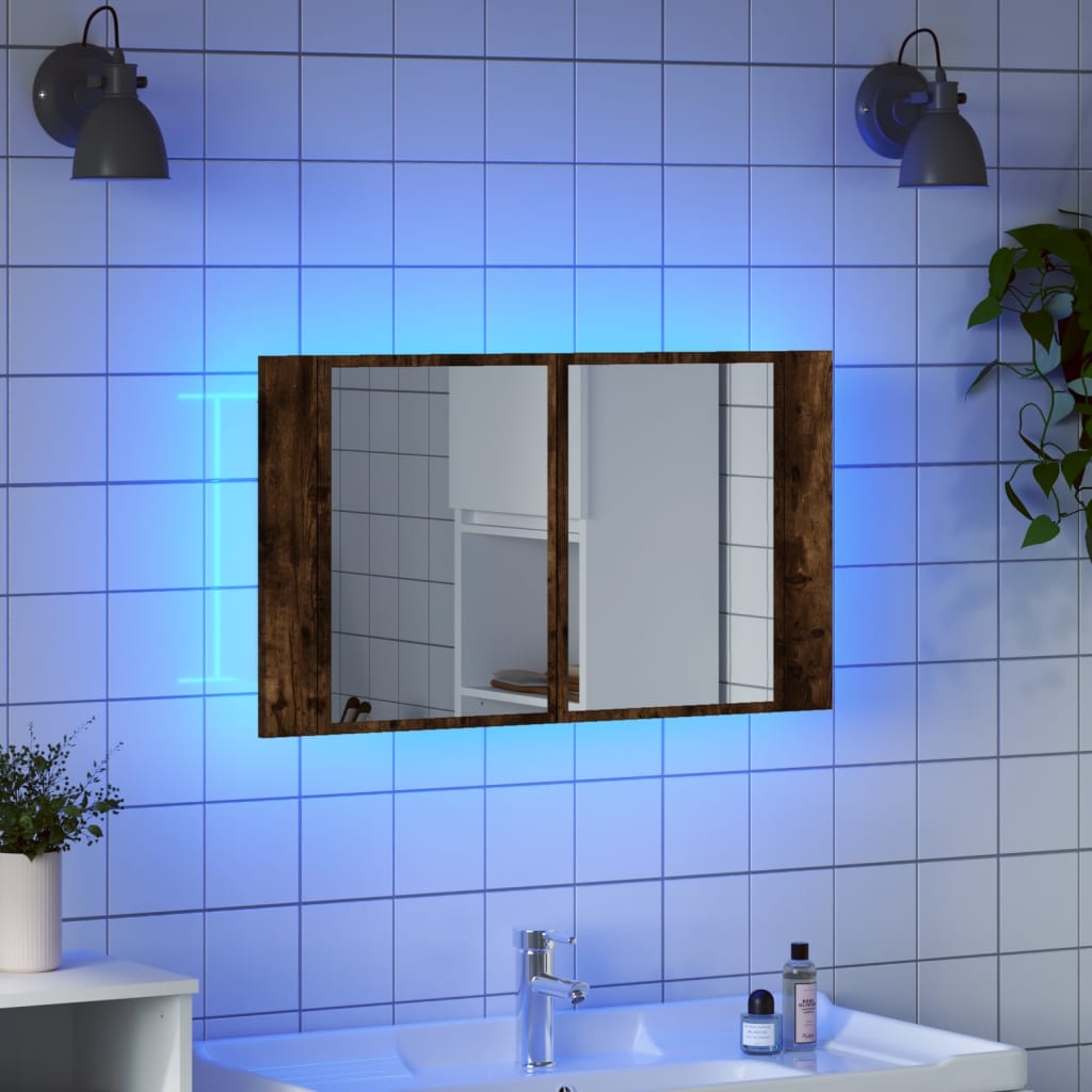 vidaXL Шкаф с LED огледало за баня, опушен дъб, 80x12x45 см, акрил