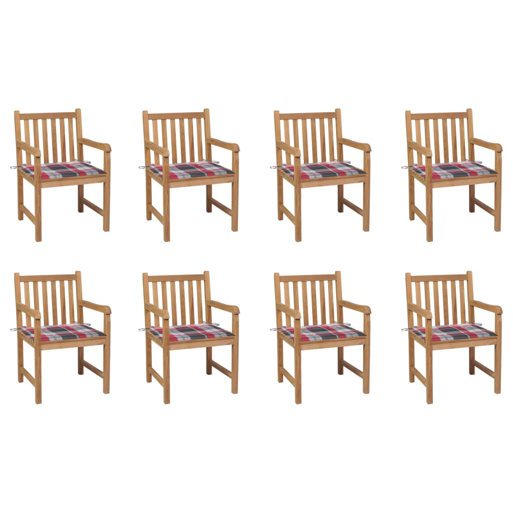 vidaXL Градински столове, 8 бр, възглавници на червено каре, тик масив