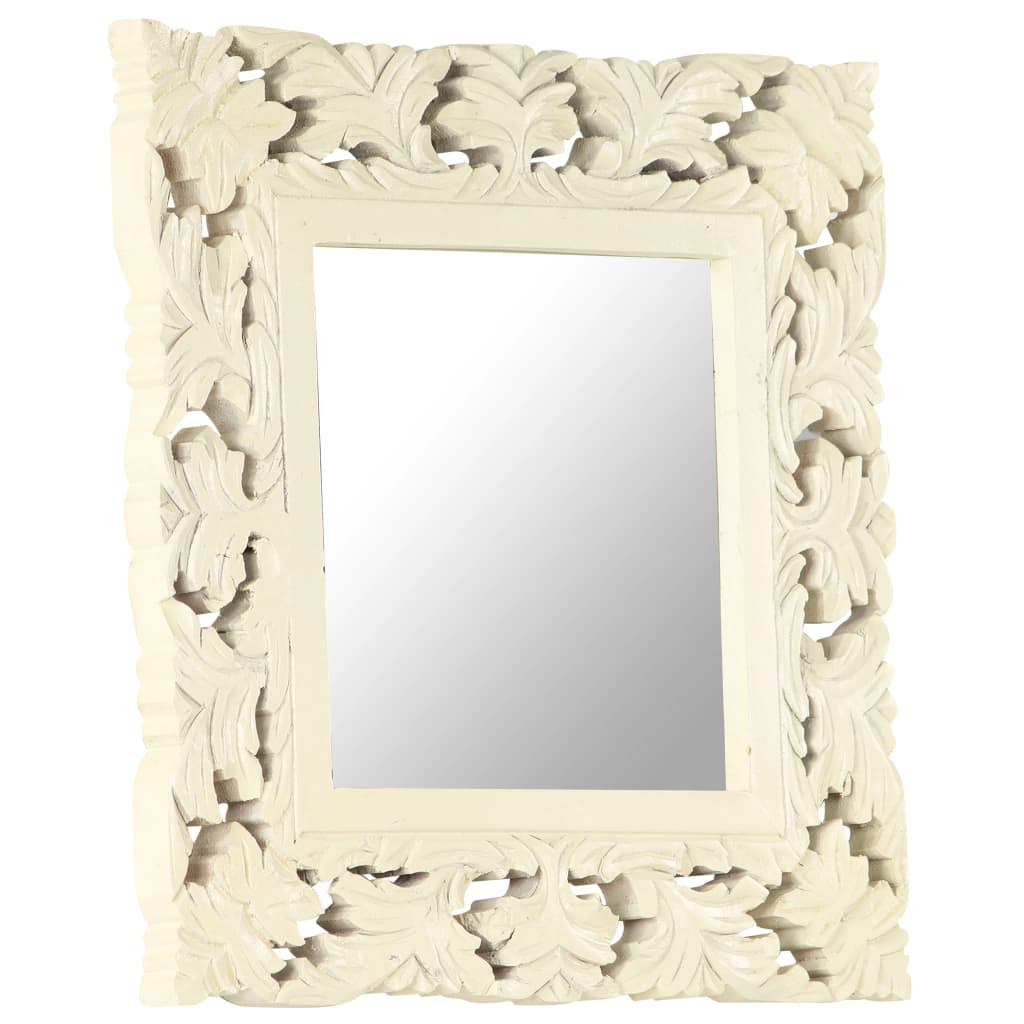 vidaXL Ръчно резбовано огледало, бяло, 50x50 см, мангово дърво масив