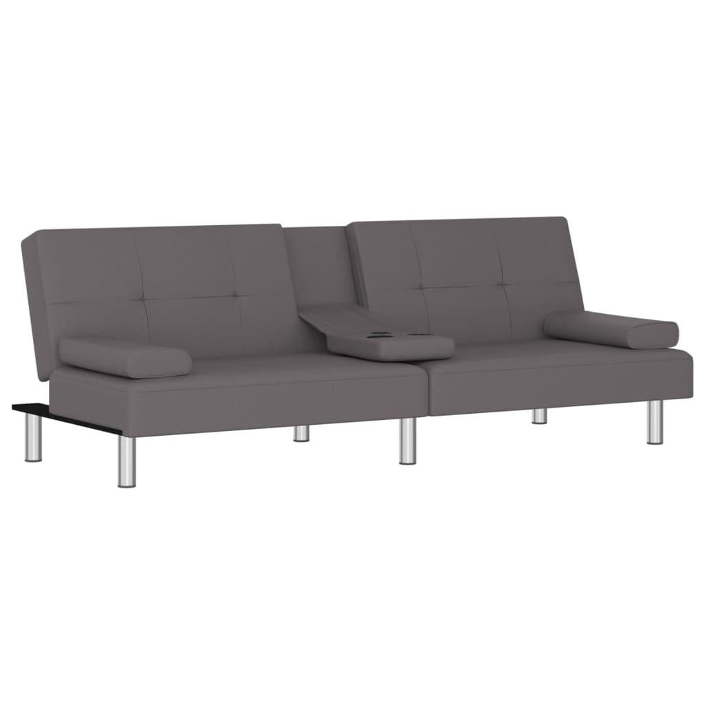 vidaXL Разтегателен диван с поставки за чаши, сив, изкуствена кожа