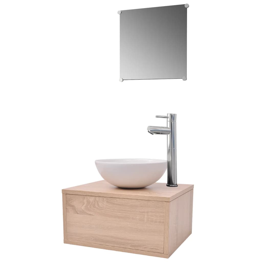 vidaXL Комплект мебели за баня, с мивка и кран, бежово, 4 части