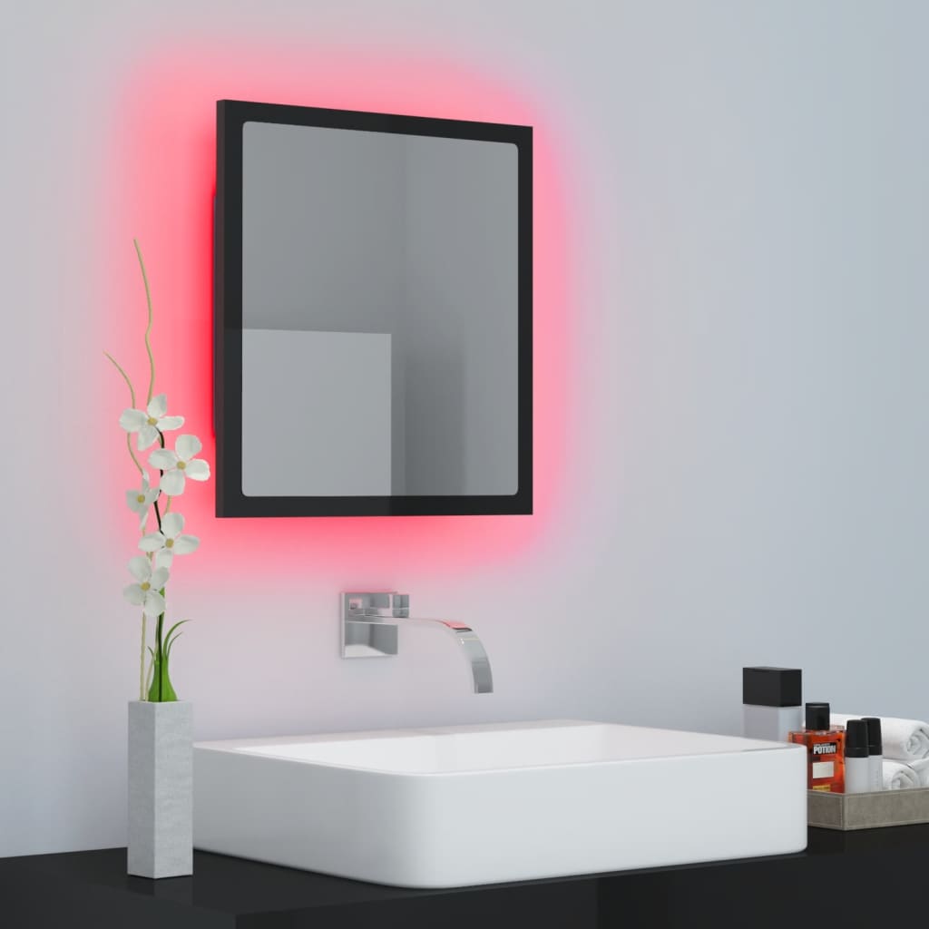 vidaXL LED огледало за баня, черен гланц, 40x8,5x37 см, акрил