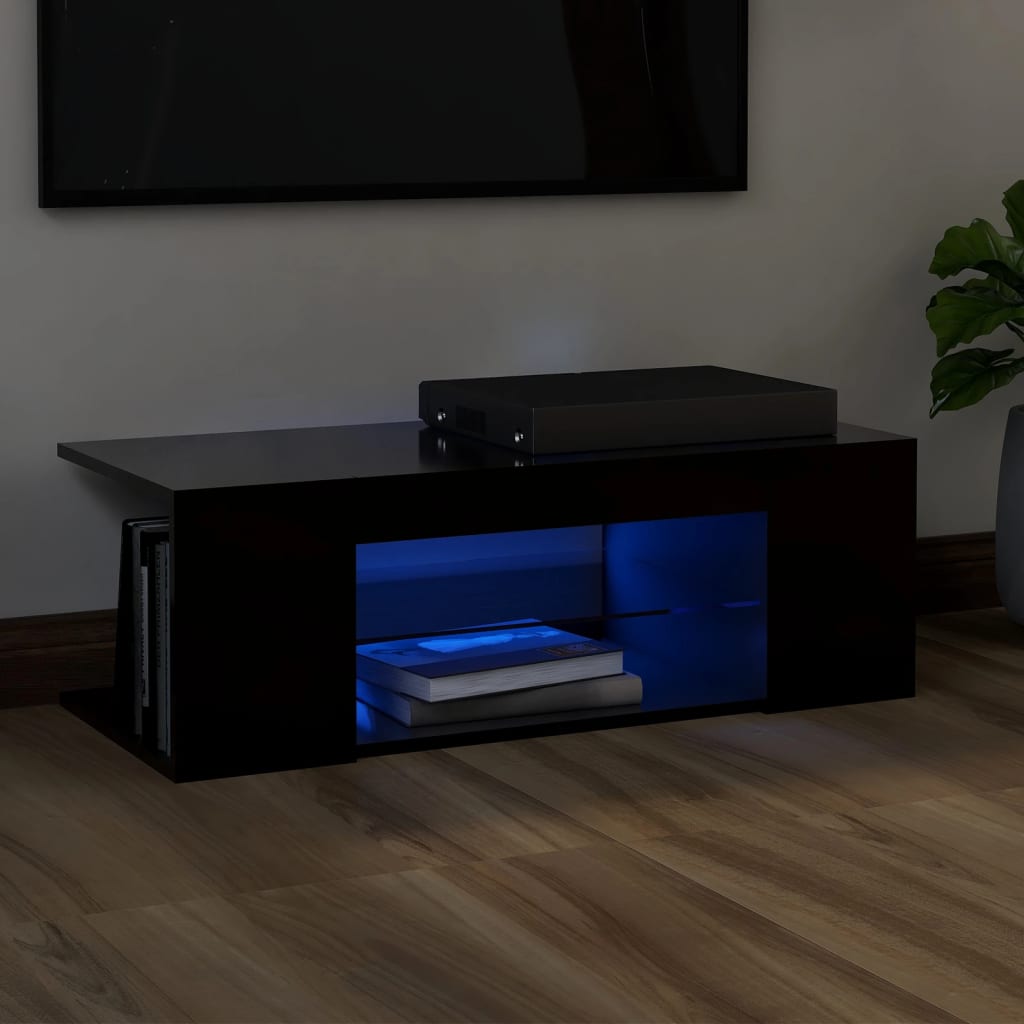 vidaXL ТВ шкаф с LED осветление, черен, 90x39x30 см