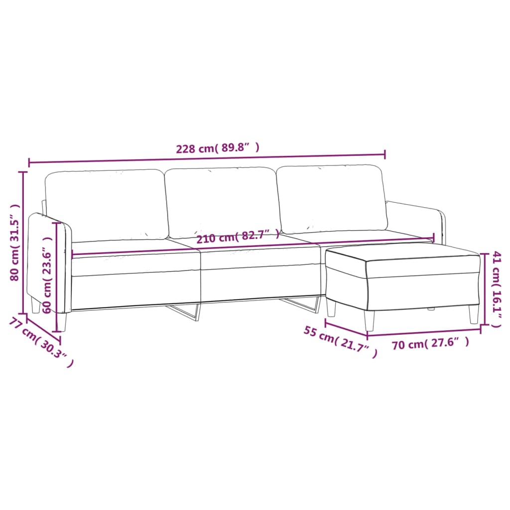 vidaXL 3-местен диван с табуретка, светлосив, 210 см, Плат