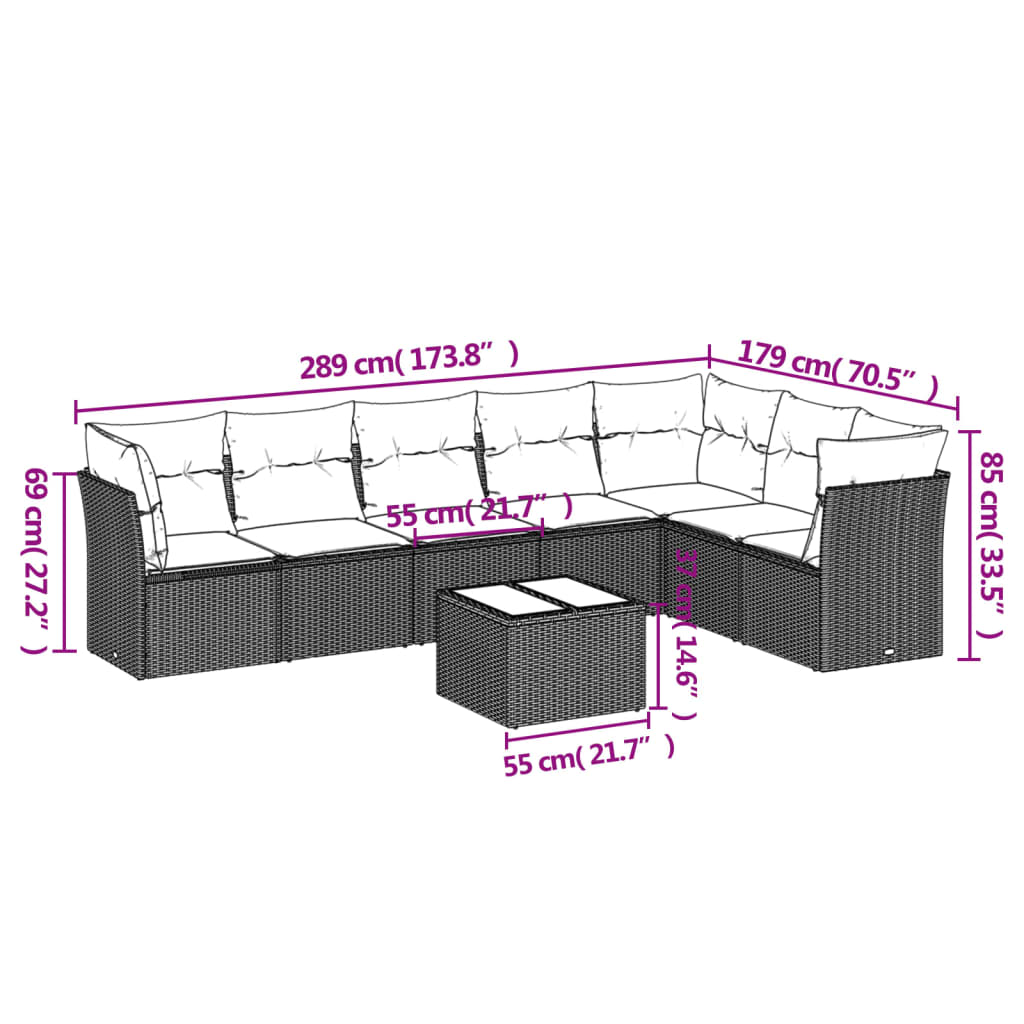 vidaXL Градински комплект диван с възглавници 8 части черен полиратан