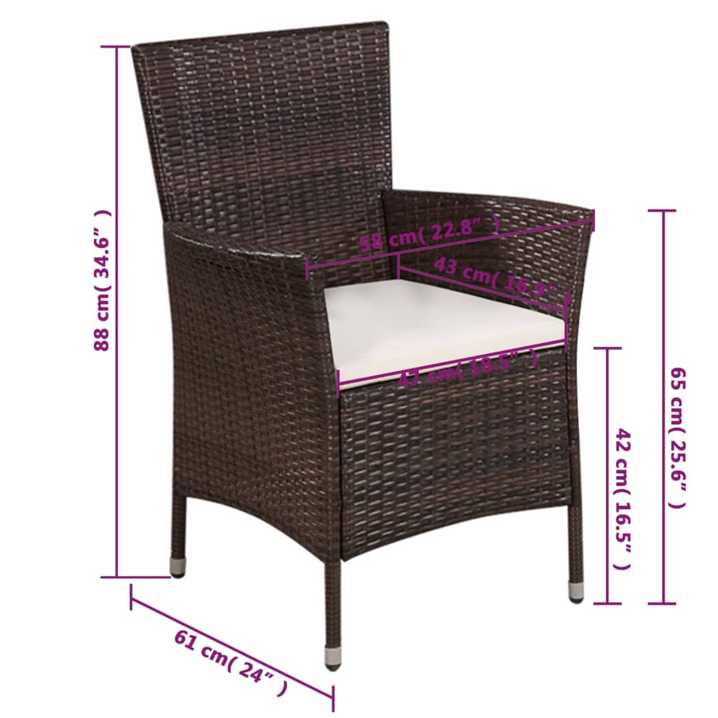 vidaXL Външен стол с табуретка и възглавници, полиратан, кафяви