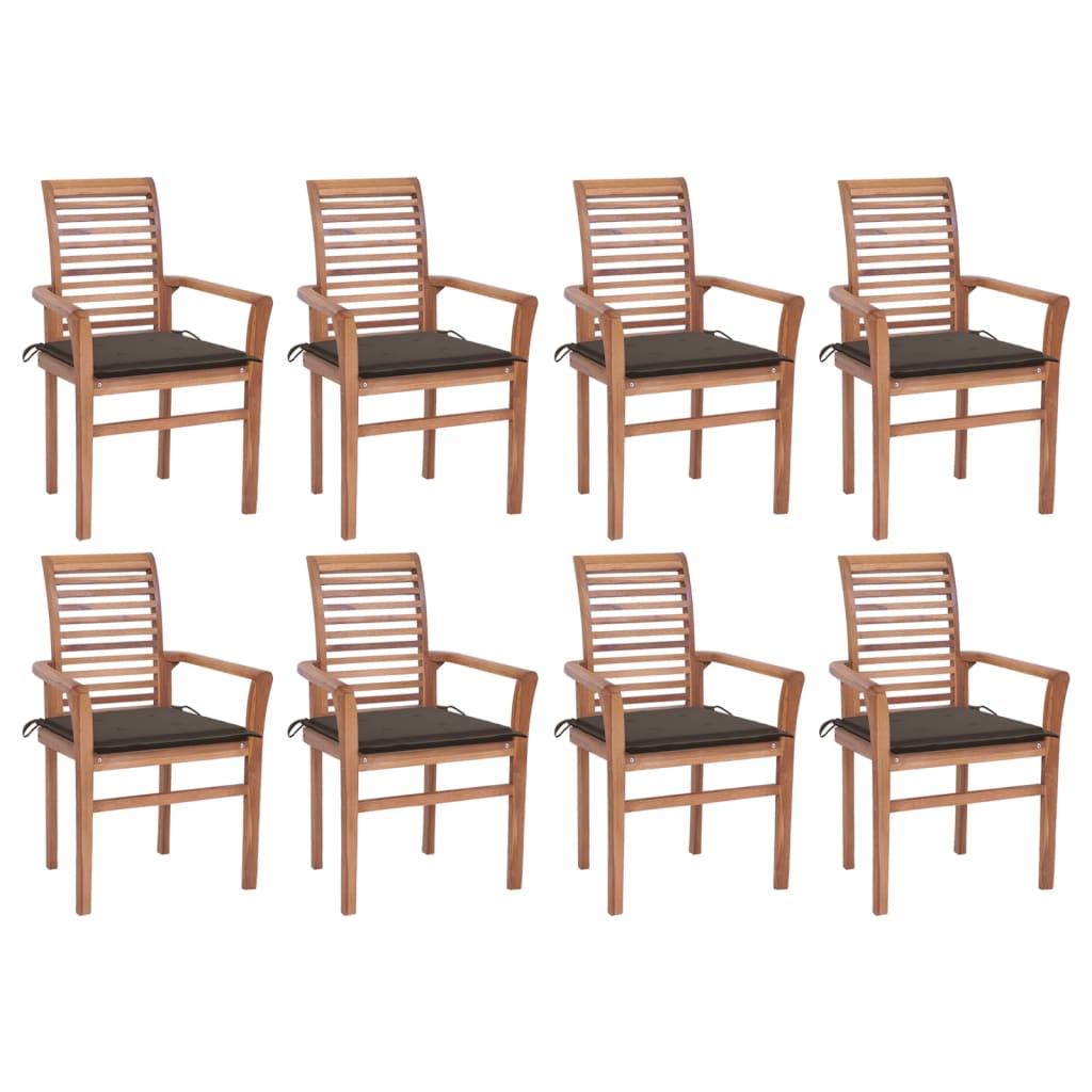 vidaXL Трапезни столове, 8 бр, с възглавници таупе, тиково дърво масив